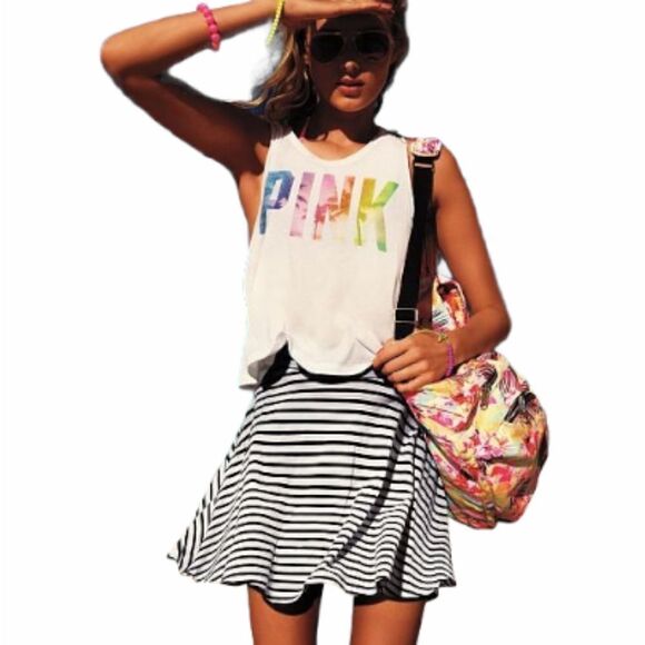 VS‎ PINK striped skirt black and white skater elastic waist L - Picture 1 of 7